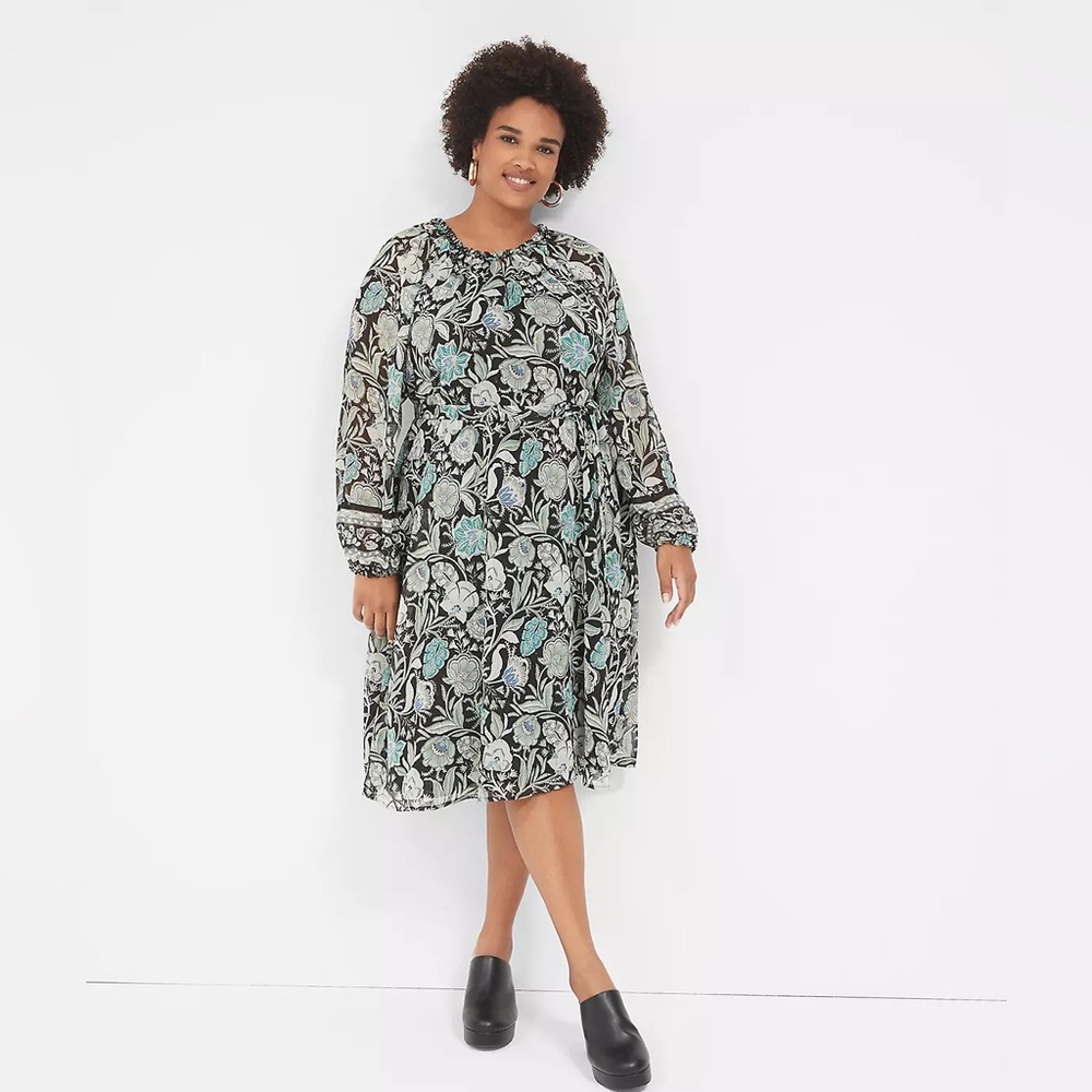 Lane Bryant Dress Womens Size 24 Black Sage Floral Shimmer Chiffon Lined Flowy